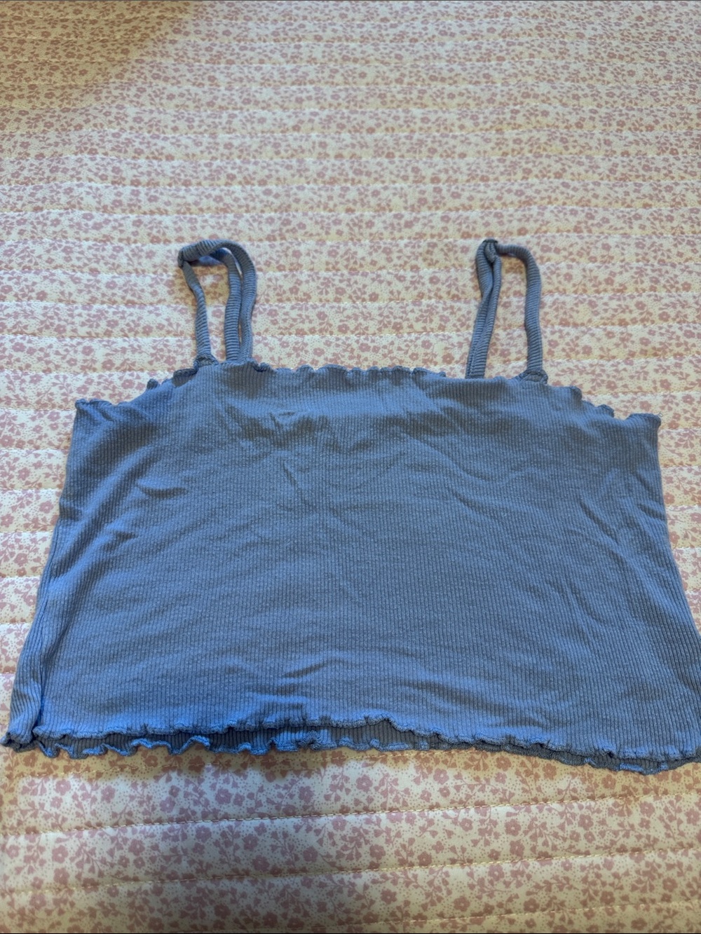 Garage Blue Ribbed Cropped Tank with Lettuce Edge
